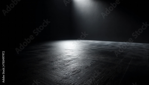 An empty dark room with a spotlight on the textured floor, ideal for product presentation on a black background. Generative AI