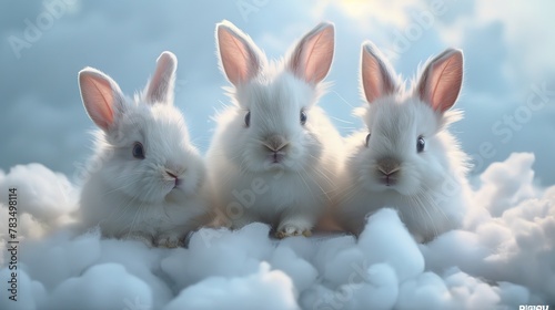 three fluffy white cute bunnies on the podium atmospheric clouds background dreamy image