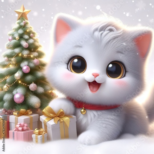a cute kitten with Christmas tree and gifts , funny, happy, smile, white background