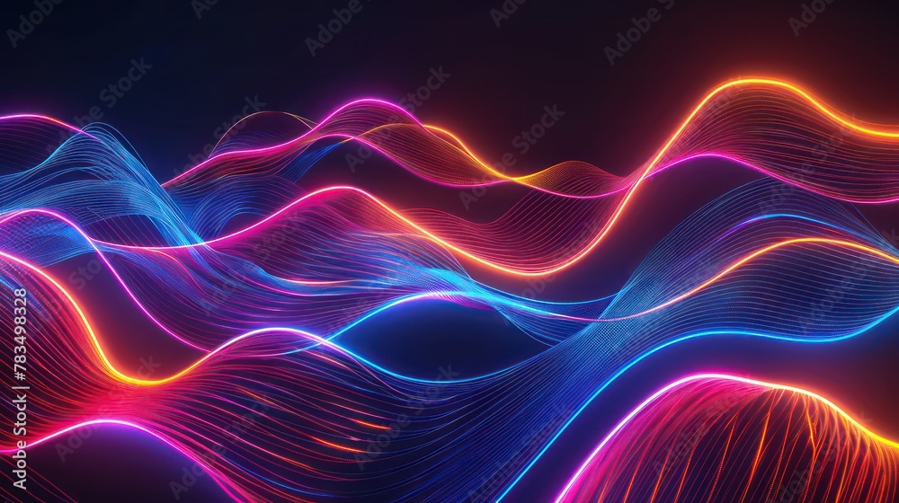 Colorful neon lines on black background, abstract digital backdrop for design and banner with copy space area. Colorful neon lines on black background, abstract digital backdrop for design and banner with copy space area.