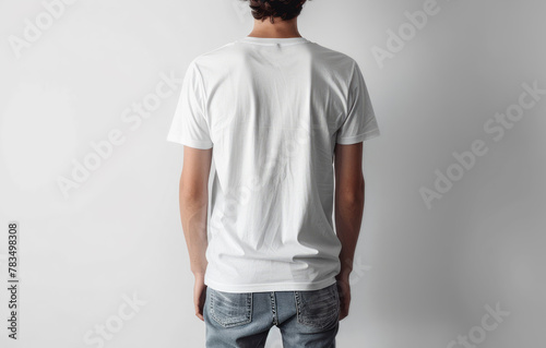 A person from behind wearing a white t-shirt with space for a logo or branding on a clean background, concept of mockup. Generative AI