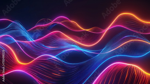 Colorful neon lines on black background, abstract digital backdrop for design and banner with copy space area.