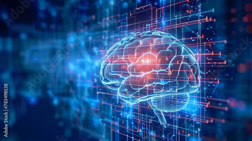 A brain with red and blue lights surrounding it