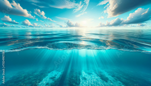 Fototapeta Naklejka Na Ścianę i Meble -  Split view of tranquil ocean surface and vibrant underwater coral reef. Harmony concept. Generative AI