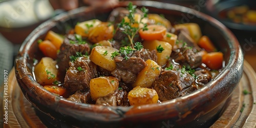 Rich beef stew, carrot and potato chunks, rustic bowl, dim light, close focus, high detail