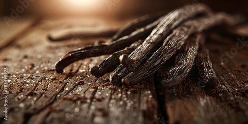 Whole vanilla beans on dark wood, soft backlight, rich brown tones, close-up, high detail © Thanthara