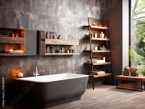 A modern bathroom interior with a luxury bath, wall shelves, and large window. Ai generative illustration © Who is Danny