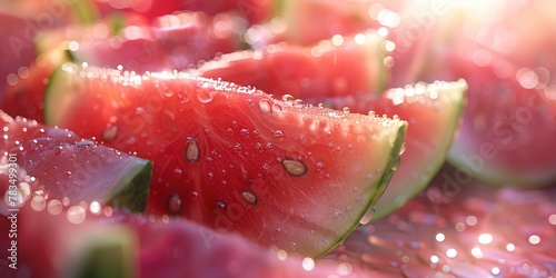 Sliced watermelon  summer vibe  bright light  fresh droplets visible  close focus 
