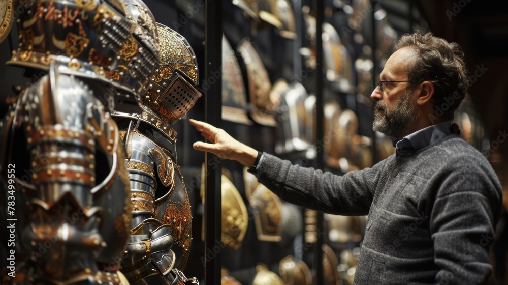 Standing in front of a towering display case a historian gestures towards a beautifully preserved suit of armor. The intricate designs and ornate embellishments on the steel plates .