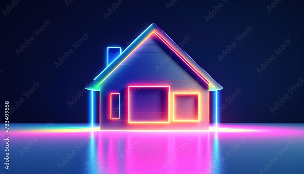 Futuristic modern home glowing with neon light of the future Futuristic modern home glowing with neon light of the future