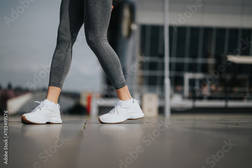 Close-up of fit woman's feet in white sneakers ready for urban running.