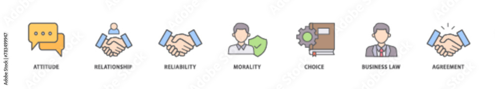 Business ethics icon packs for your design digital and printing of attitude, relationship, reliability, morality, choice, business law and agreement icon live stroke and easy to edit 