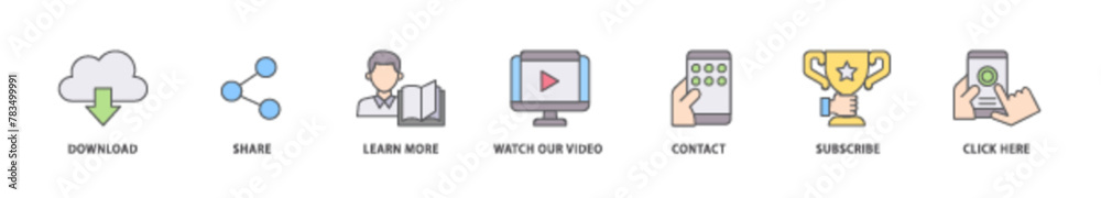 Call to action icon packs for your design digital and printing of click here, watch our video, subscribe, contact, learn more, share, download icon live stroke and easy to edit Call to action icon packs for your design digital and printing of click here, watch our video, subscribe, contact, learn more, share, download icon live stroke and easy to edit