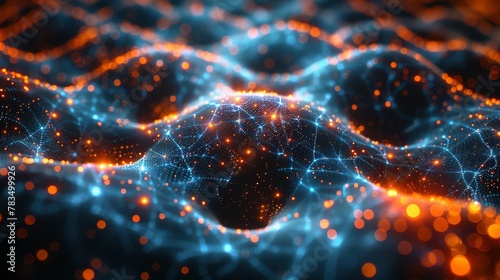 Cyber big data flow. Blockchain data fields. Network line connect stream. Concept of AI technology, digital communication, science research, 3D illustration neural cells.