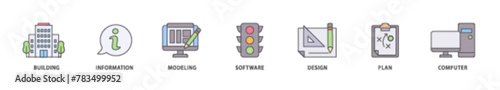 BIM icon packs for your design digital and printing of building, information, modeling, software, design, plan, and computer icon live stroke and easy to edit 