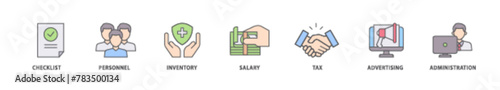 Cost reduction icon packs for your design digital and printing of checklist, personnel, inventory, salary, tax, advertising and administration icon live stroke and easy to edit 