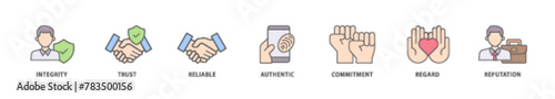 Credibility icon packs for your design digital and printing of integrity, trust, reliable, authentic, commitment, regard, and reputation icon live stroke and easy to edit 