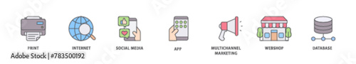 Cross media icon packs for your design digital and printing of print, internet, social media, app, multichannel marketing, webshop and database icon live stroke and easy to edit 