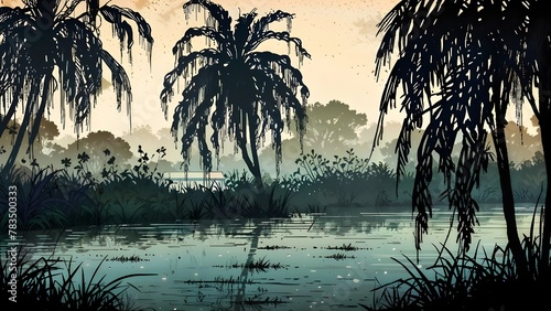 Isolation and mystery concept. A gloomy  misty landscape at dusk  with a tranquil pond and coconut tree silhouettes