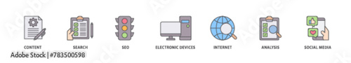 Digital marketing icon packs for your design digital and printing of content, search, seo, electronic devices, internet, analysis and social media icon live stroke and easy to edit 