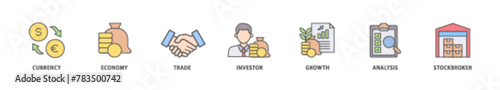 Forex icon packs for your design digital and printing of currency, economy, trade, investor, growth, analysis and stockbroker icon live stroke and easy to edit 