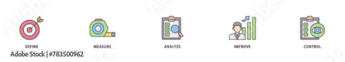 Lean six sigma icon packs for your design digital and printing of define, measure, analyze, improve, and control icon live stroke and easy to edit 