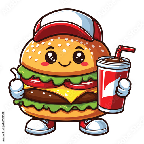 Cartoon hamburger in red cap holding a cup of soda vector