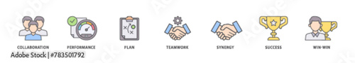 Partnership icon packs for your design digital and printing of collaboration, performance, plan, teamwork, synergy, success and win win solution icon live stroke and easy to edit 