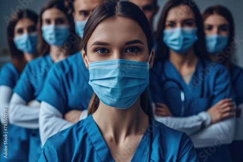 Group of people wearing blue scrubs and masks