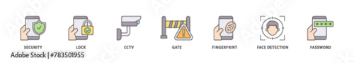 Security system icon packs for your design digital and printing of password, gate, face detection, finger print, cctv, lock, security icon live stroke and easy to edit 