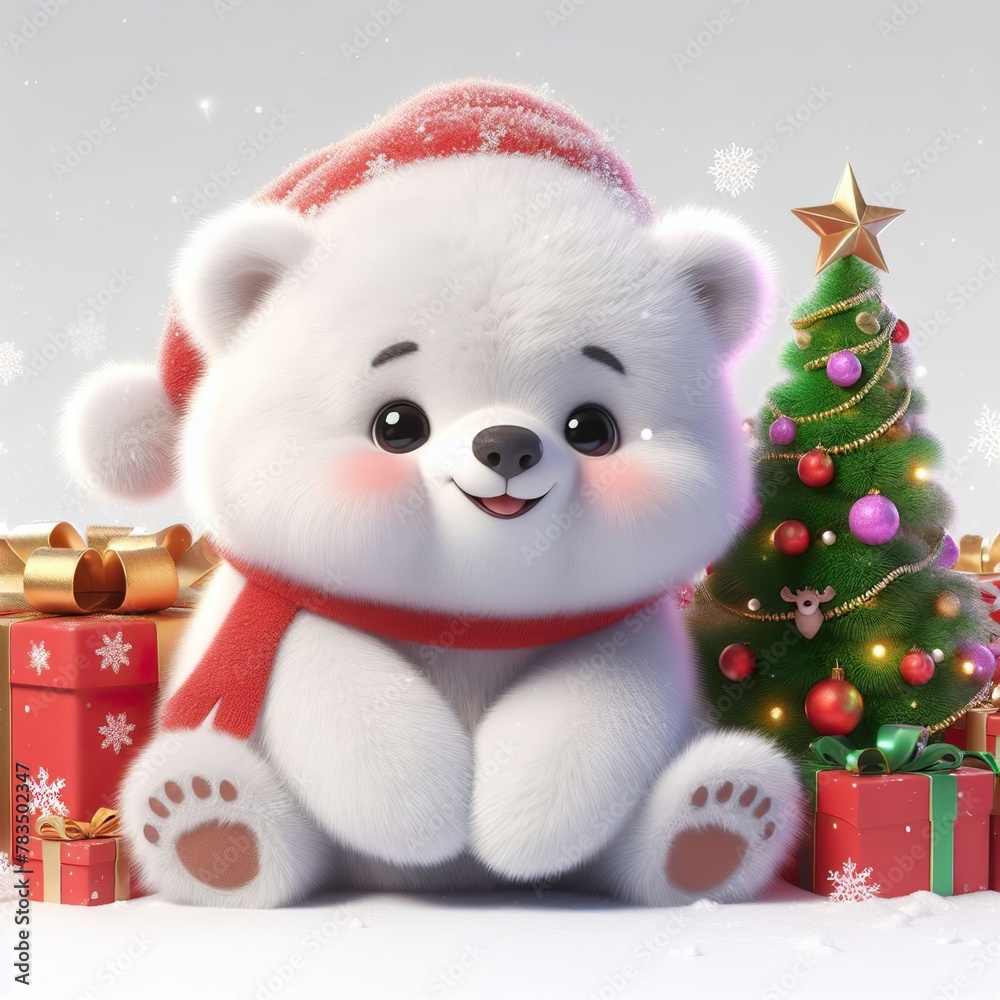 a cute polar bear with Christmas tree and gifts , funny, happy, smile, white background a cute polar bear with Christmas tree and gifts , funny, happy, smile, white background