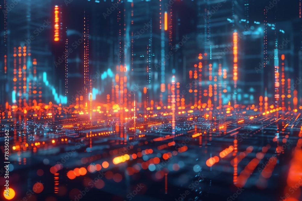 Capture the grandeur of Financial Trends in a wide-angle view with 3D rendering animation, showing growth and prosperity in a dynamic, immersive way