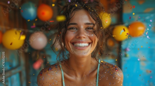Joyful young woman with confetti celebrating at a party, radiating happiness and festivity. National smile month © victoriazarubina