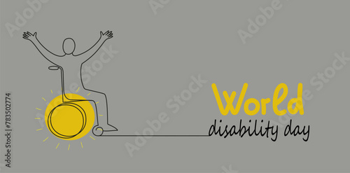 Person in wheelchair. World Disability day vector doodle banner. Continuous line drawing illustration for social media