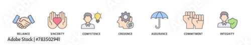 Trust icon packs for your design digital and printing of integrity, credence, commitment, assurance, competence, sincerity, reliance icon live stroke and easy to edit 