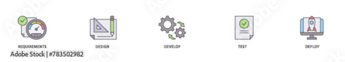 Waterfall icon packs for your design digital and printing of requirements, design, develop, test and deploy icon live stroke and easy to edit 
