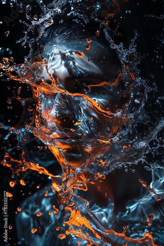 A man made of water  orange and black splashes  dark background  beautiful face  ultra realistic