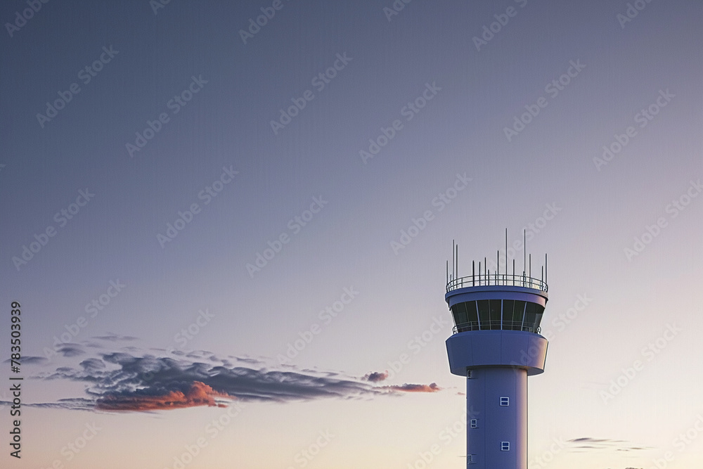 Naklejka premium Airport control tower standing tall against a twilight sky, Futuristic , Cyberpunk