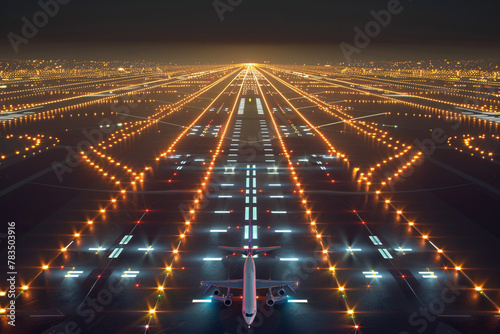A network of runways and taxiways illuminated by the warm glow of airport lights, creating a mesmerizing spectacle in the darkness, Futuristic , Cyberpunk