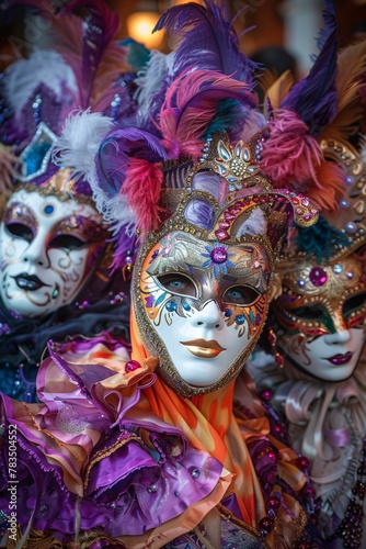A vibrant fancy dress festival featuring elaborate masks