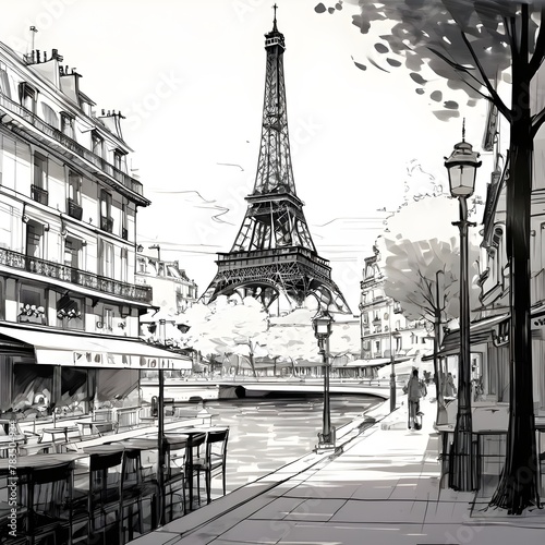 line drawing of paris black and white brush black detail city streets seine river cafes © lipika
