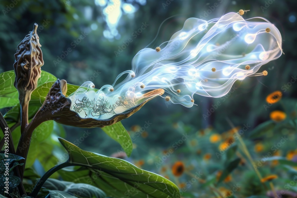Fototapeta premium A seed pod releasing a cloud of spores that transform into ethereal beings of light