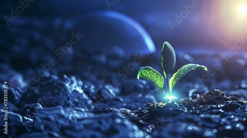 Alien seed sprouting on a foreign planet bioluminescent lighting