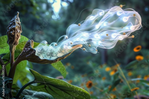 A seed pod releasing a cloud of spores that transform into ethereal beings of light