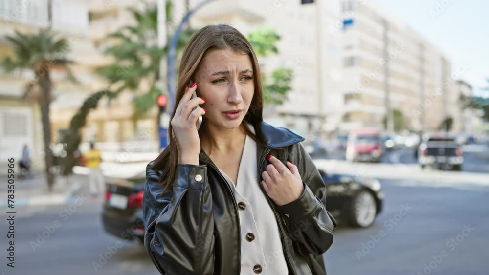 Concerned brunette young woman talks on the phone on a busy city street Concerned brunette young woman talks on the phone on a busy city street