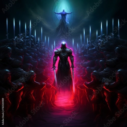 A knight defending their kingdom against a horde of shadowy creatures their sword shining with inner lighttechnologysci fineon
