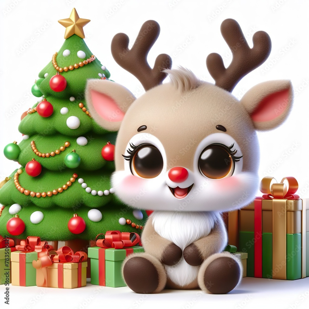 a cute reindeer with Christmas tree and gifts , funny, happy, smile, white background