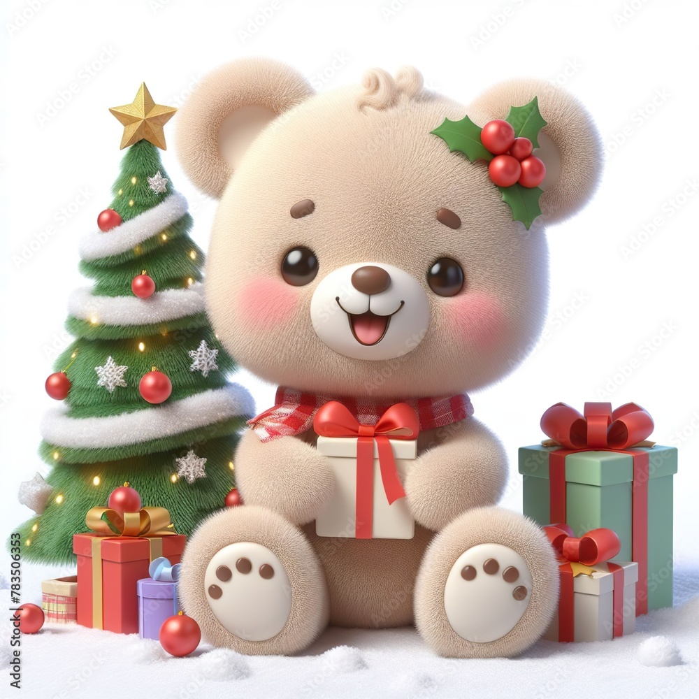 a cute teddy bear with Christmas tree and gifts , funny, happy, smile, white background a cute teddy bear with Christmas tree and gifts , funny, happy, smile, white background