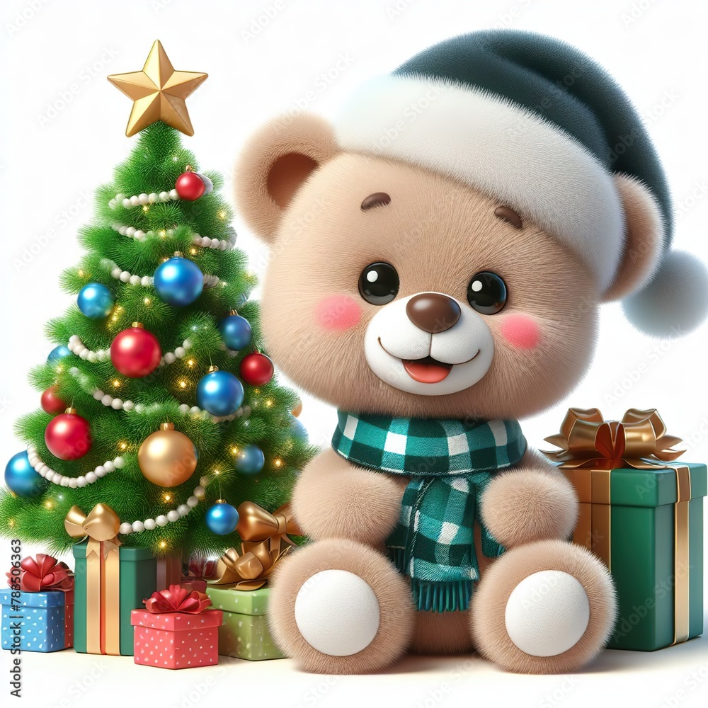 a cute teddy bear with Christmas tree and gifts , funny, happy, smile, white background
