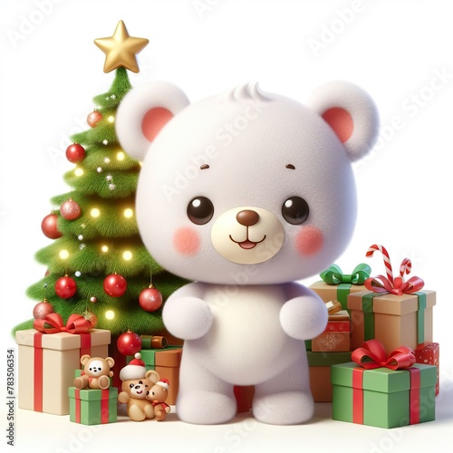 a cute teddy bear with Christmas tree and gifts , funny, happy, smile, white background © JetHuynh